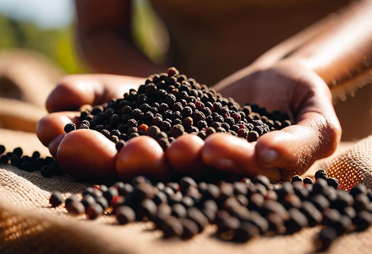 Poivre noir et frais dans les mains d'un cultivateur